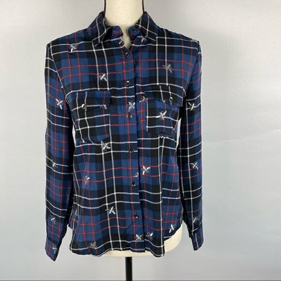 Nanette Lepore Plaid Long Sleeve Shirt with Queen B Print - Picture 1 of 4